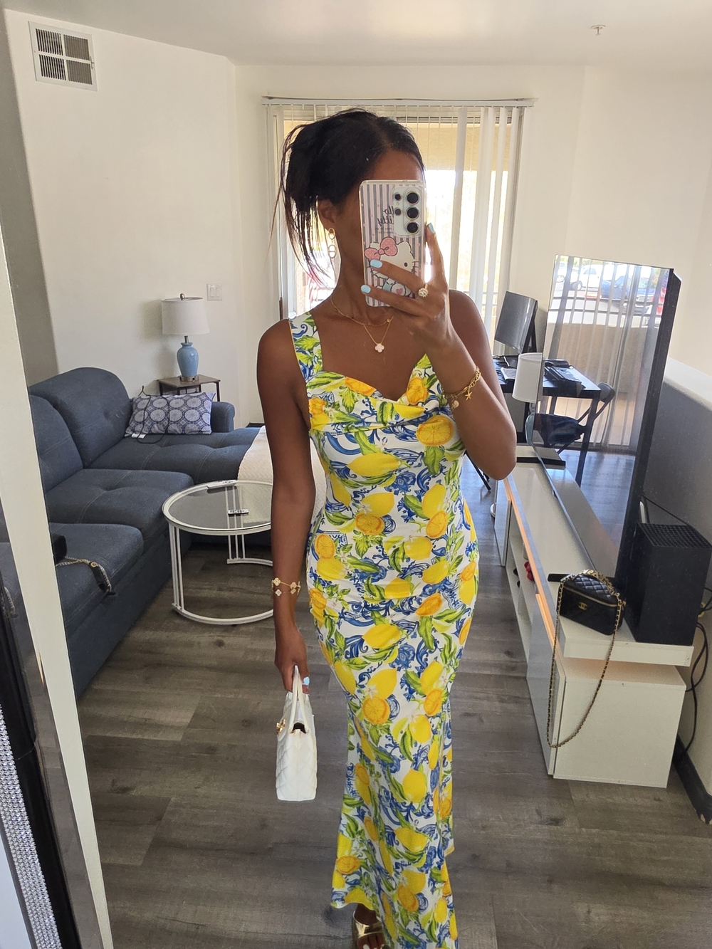 Lemon Print Sleeveless Maxi Dress - White/Yellow Very Stretchy - Picture 9 of 17